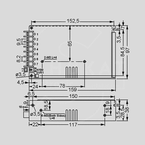 HRP-100-7.5 SPS Case 101W PFC 7,5V/13,5A Dimensions and Terminal Pin Assignment