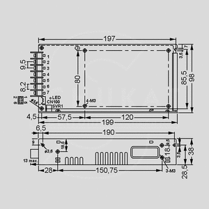 HRP-200-15 SPS Case 201W PFC 15V/13,4A Dimensions and Terminal Pin Assignment