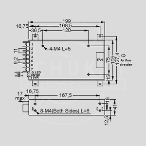 HRP-300-36 SPS Case 324W PFC 36V/9A Dimensions and Terminal Pin Assignment