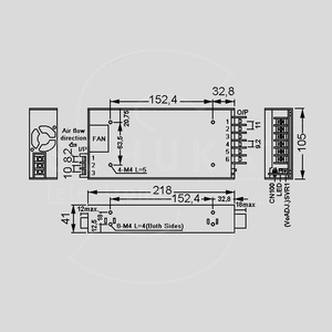 HRPG-450-3.3 SPS Case 297W PFC 3,3V/90A Dimensions and Terminal Pin Assignment