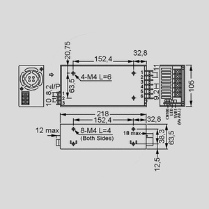 HRPG-600-12 SPS Case 636W PFC 12V/53A Dimensions and Terminal Pin Assignment