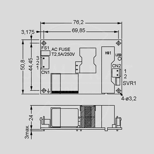 EPS-35-15 SPS Open Frame 36W PFC 15V/2,4A Dimensions and Terminal Pin Assignment