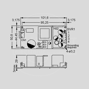EPS-65-3.3 SPS Open Frame 36,3W PFC 3,3V/11A Dimensions and Terminal Pin Assignment