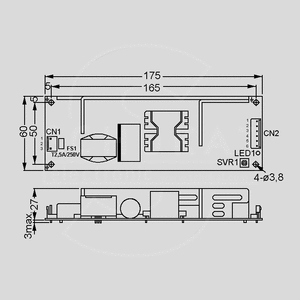 ELP-75-48 SPS Open Frame 76W 48V/1,6A Dimensions and Terminal Pin Assignment