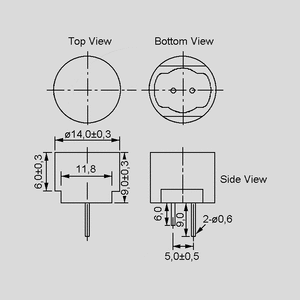 A-14P20 Ultrasonic Sensor 14,0x9,0mm -74dB Dimensions