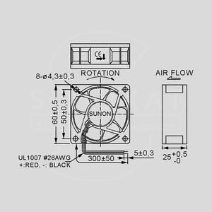 MB60251V2-A99 Fan 12V 60x25 V 32,62m³/h 22dBA Dimensions