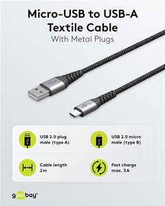W49283 Micro USB > USB-A, tekstil, grå/sølv, 2 meter