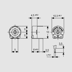 PTC10LV10-501 Trimmer Top Adjust P5/10 500R Dimensions