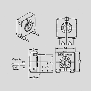 CA14NVK250 Trimmer Top Adjust P10/12,5 250K Dimensions