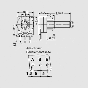 P162MGK100 Potentiometer 16/6 Mono  Log 100K Dimensions