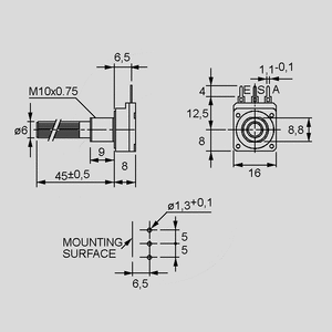 PC16MLM001 Potentiometer 16/6 Mono Lin 1M Dimensions