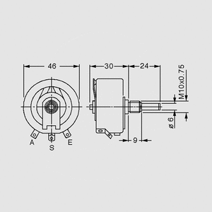 PZD30WE022 Wirewound Potentiometer 30W 22R Dimensions