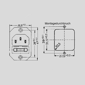 GSI-Q IEC C14 Power Connector Fuseh., Spacing=39mm GSI-Q