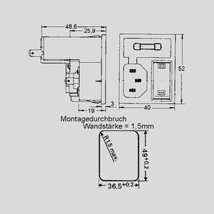 GSW IEC C14 Power Connector Switch, 2xFuseholder GSW<br>Dimensions and Panel Opening