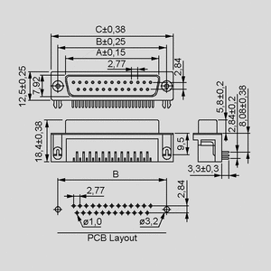BL09WSI D-Sub Socket 9-Pole Solder Pin FP8,08 Dimensions