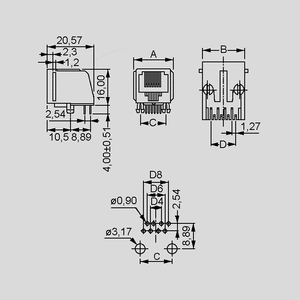 MOD4G Modular-Jack Print 90° 4/4-Pole Dimensions