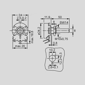 PD5WE500 Wirewound Potentiometer 4W 500R Dimensions