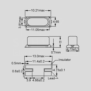 QSMD016 SMD Crystal 16.000.000Hz HC49S4 Dimensions