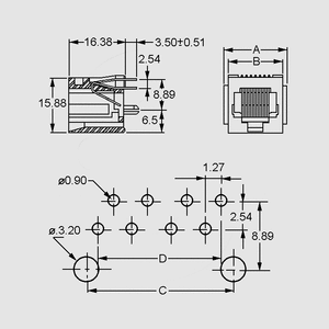 MOD6EW Modular-Jack Print 180° 6/6-Pole  Dimensions