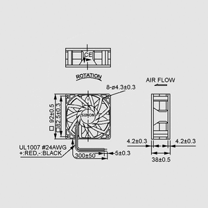 PMD1209PMB3A Fan 12V 92x38 B 156m³/h 50,3dBA 5,6W Dimensions