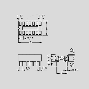 DIL14EMF LC-IC Socket 14pole 7,62mm Dimensions