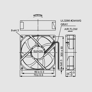 MA2072HVL Fan 230V 70x25 V L 47,5m&sup3;/h 30dBA 4,3W Dimensions