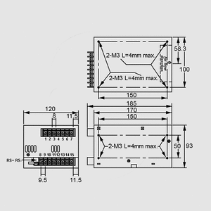 PSP-600-12 SPS Case 600W PFC 12V/50A Dimensions and Terminal Pin Assignment