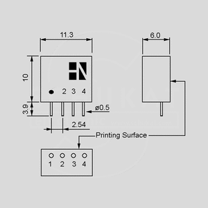 SW1-503S DC/DC-Conv 5:3V 300mA SIL4 Dimensions and Terminal Pin Assignment