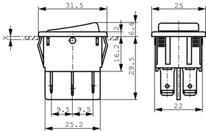 1839.1407 Vippeafbryder 2x(ON)-OFF-(ON) 6A 250V 22x30mm Sort/sort