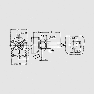 PD5WE025 Wirewound Potentiometer 4W 25R Dimensions
