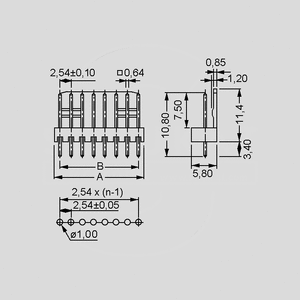 NSL254M-6G PCB Header 6-Pole Straight P2,54 NSL254M-_G<br>Dimensions