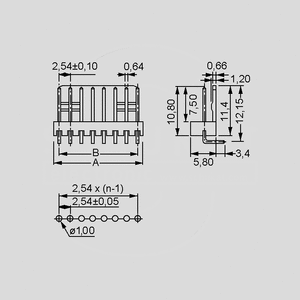 NSL254M-2W PCB Header 2-Pole Angled P2,54 NSL254M-_W<br>Dimensions