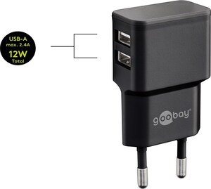 W44986 Dobbelt USB lader 2.4A + USB-C kabel, sort
