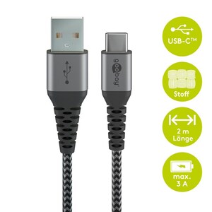 W49296 USB-C > USB-A, Textil, grå/sølv, 1m