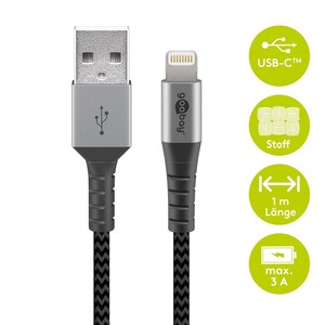W49268 Apple Lightning til USB A ,Tekstil, grå/sølv, 1 meter