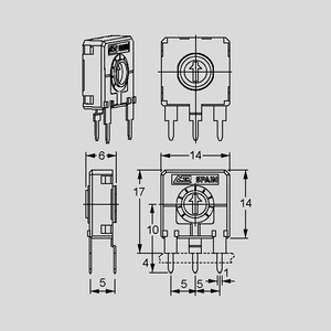 CA14NHK100 Trimmer Side Adjust P10/5 100K Dimensions