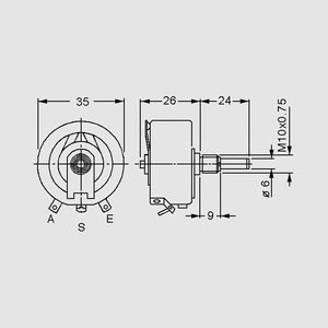 PZD10WE047 Wirewound Potentiometer 10W 47R Dimensions