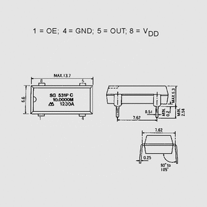 QOS004D8 Oscillator 4MHz DIL8 CMOS/TTL Dimensions