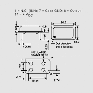 QOM001,843 Oscillator 1,8432MHz DIL14 CMOS/TTL Dimensions