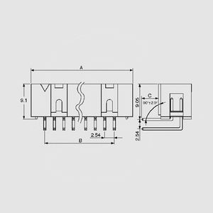 PSB10W Box Header Angled 10-Pole Dimensions