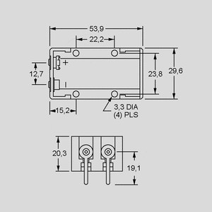 BHR1294 Batteriholder 1 x 9V/PC Pins til print Dimensions