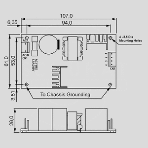 PS-25-12 SPS Open Frame 25W 12V/2,1A Dimensions and Terminal Pin Assignment