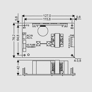 PS-65-12 SPS Open Frame 62W 12V/5,2A Dimensions and Terminal Pin Assignment