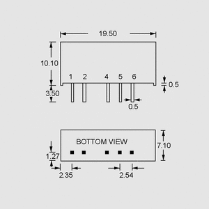 SW2-1505S DC/DC-Conv 15:5V 400mA 2W SIL7 Dimensions and Terminal Pin Assignment