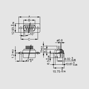 BL15LG D-Sub-Socket 15-Pole Solder Pin Dimensions