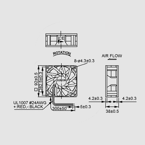 PMD1209PMB3A Fan 12V 92x38 B 156m³/h 50,3dBA 5,6W Dimensions