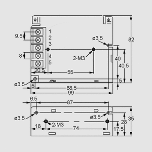 RS-35-15 SPS Case 36W 15V/2,4A Dimensions and Terminal Pin Assignment