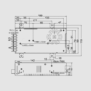 SP-200-13,5 SPS Case 201W PFC 14V/15A Dimensions and Terminal Pin Assignment