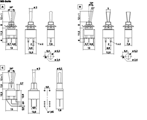 MS-523 Toggle Switch 1-pol Moment ON/OFF/(ON) Tegning