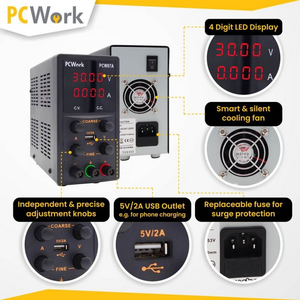 PCW07A Laboratoriestrømforsyning 0-30V DC, 0-5A